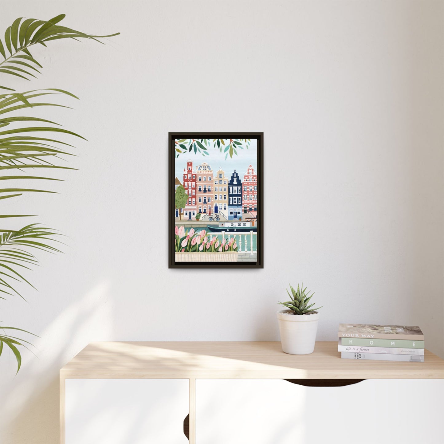 Amsterdam Framed Canvas Art, Colorful Cityscape, Vibrant Home Decor, Wall Art for Living Room, Housewarming Gift, Artistic Wall Decor, Floral Design