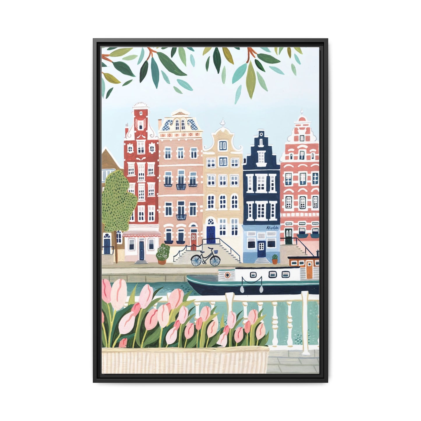 Amsterdam Framed Canvas Art, Colorful Cityscape, Vibrant Home Decor, Wall Art for Living Room, Housewarming Gift, Artistic Wall Decor, Floral Design