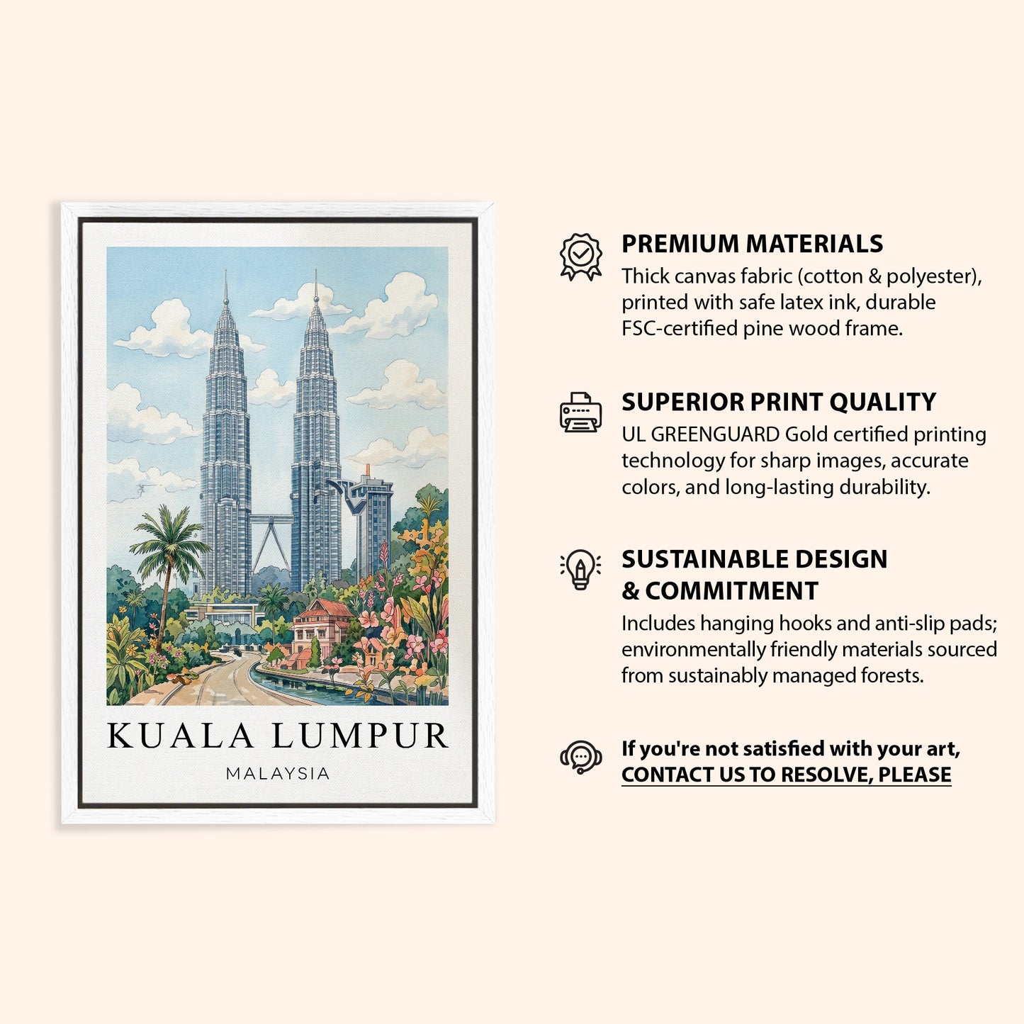Kuala Lumpur Canvas Wall Art – Malaysia Skyline Decor, Modern Travel Artwork