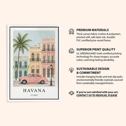 Havana Canvas Wall Art – Cuba Travel Decor, Vintage Caribbean Cityscape Artwork