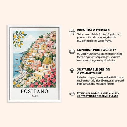 Positano Canvas Wall Art – Amalfi Coast Decor, Italy Coastal Village Artwork