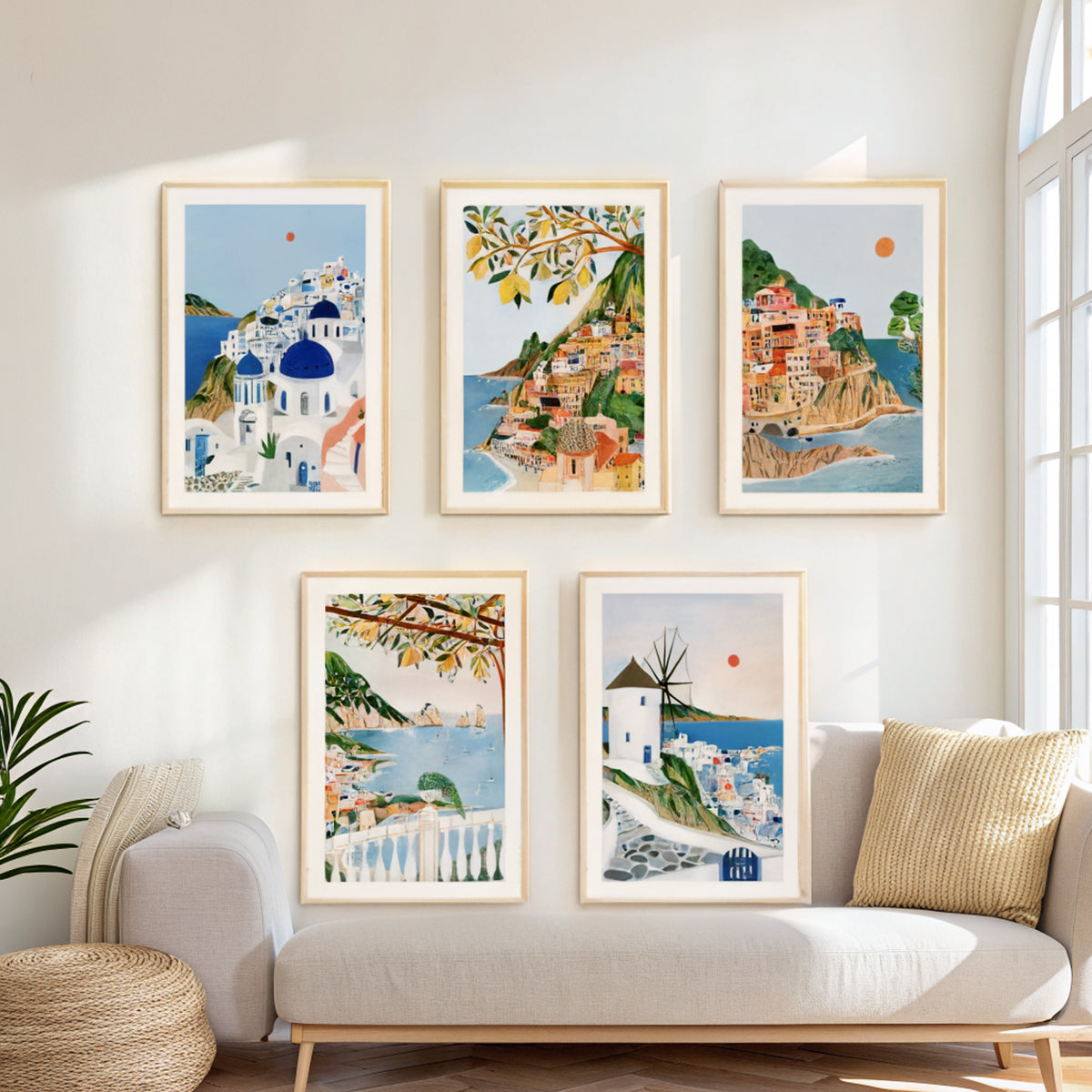 Mediterranean gallery wall set of 5 in a bright living room