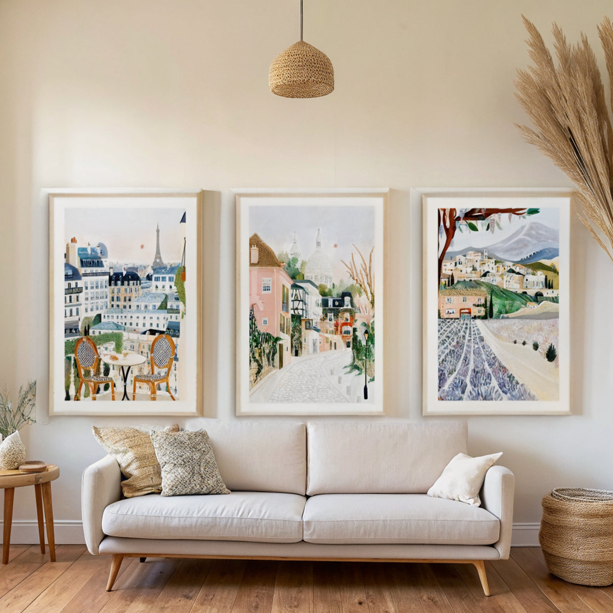 France gallery wall set of 3 above a linen sofa in a bright living room