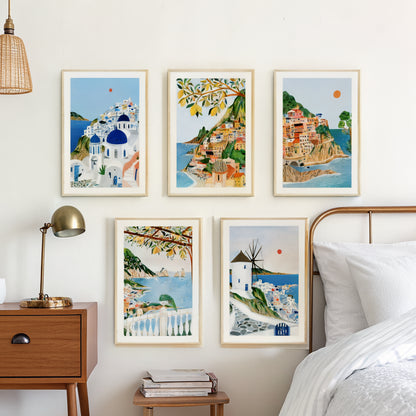 Santorini Positano Cinque Terre Capri Mykonos prints above a bed