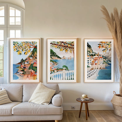 Amalfi Coast gallery wall set of 3 above a linen sofa in a bright living room