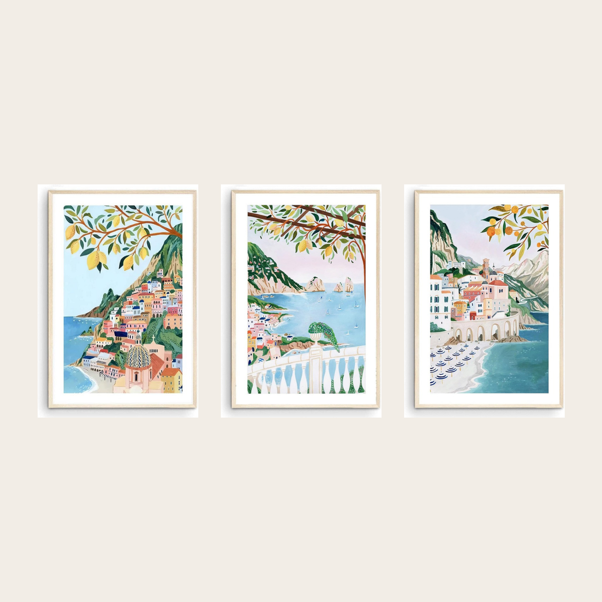 Amalfi Coast gallery wall set of 3 - Positano, Capri and Atrani travel prints framed on a warm wall