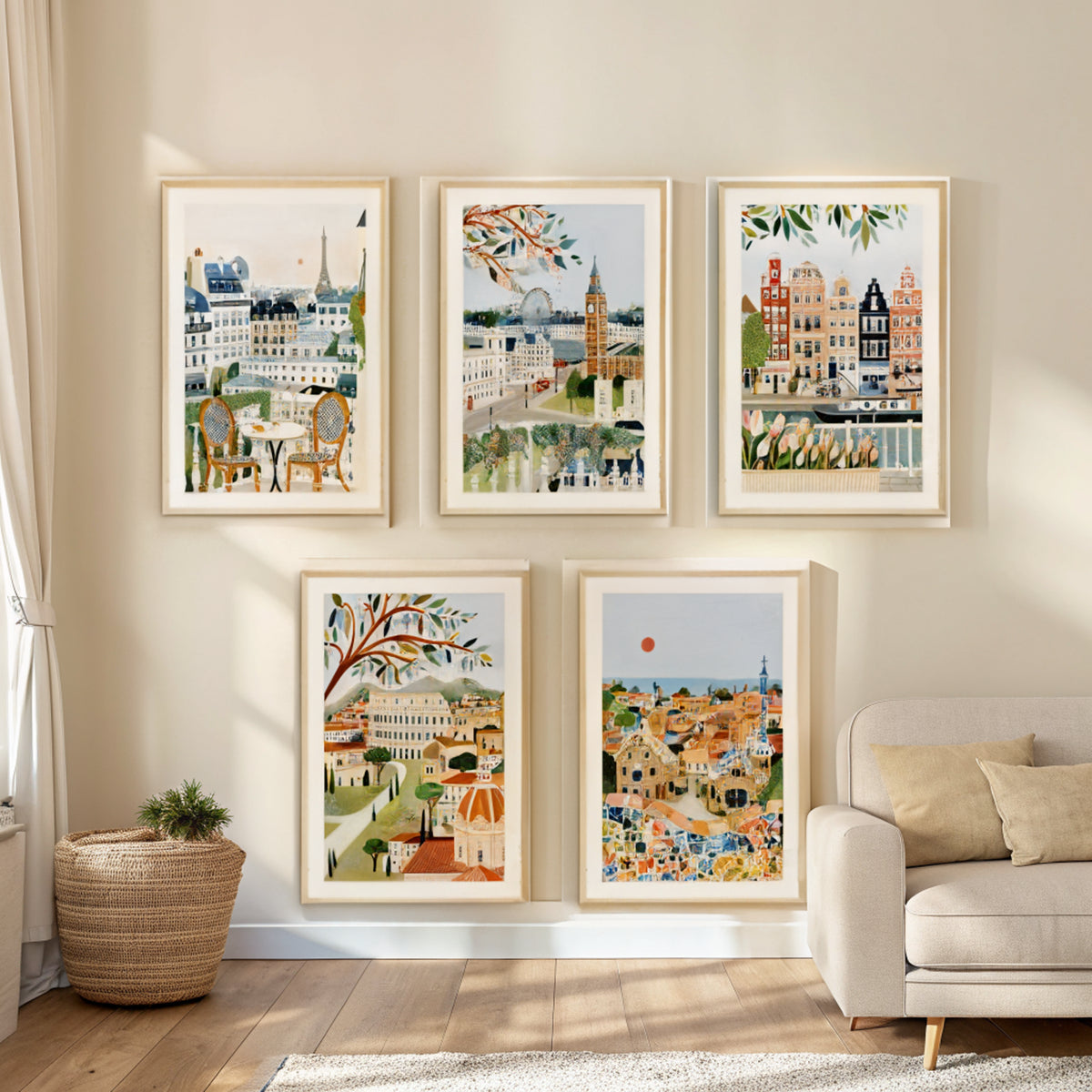 Europe Capitals gallery wall set of 5 in a bright living room