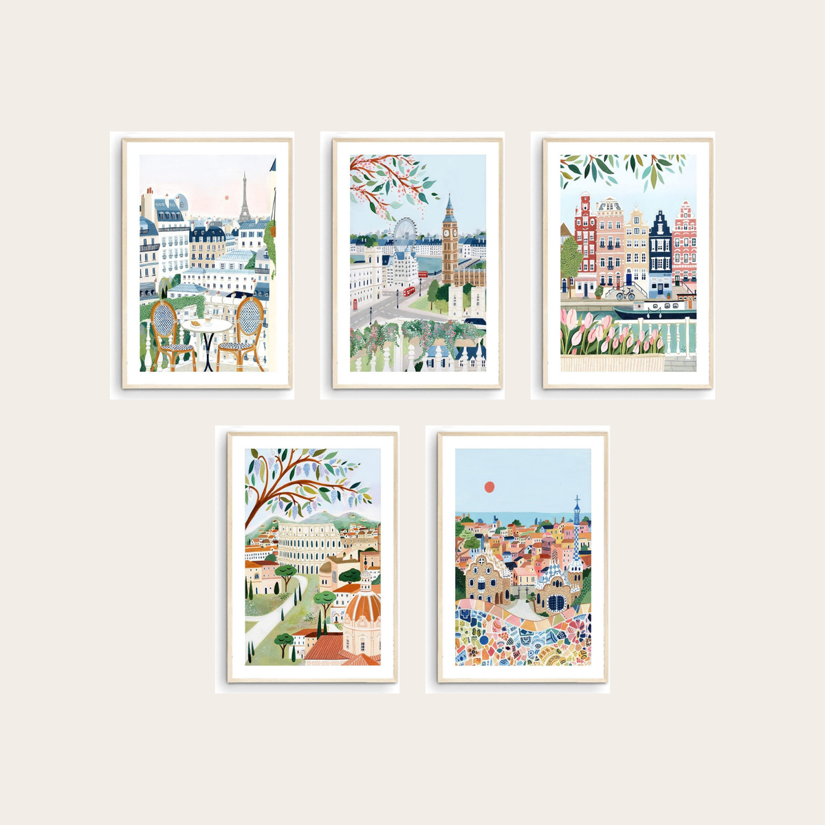 Europe Capitals gallery wall set of 5 - Paris, London, Amsterdam, Rome and Barcelona travel prints framed on a warm wall