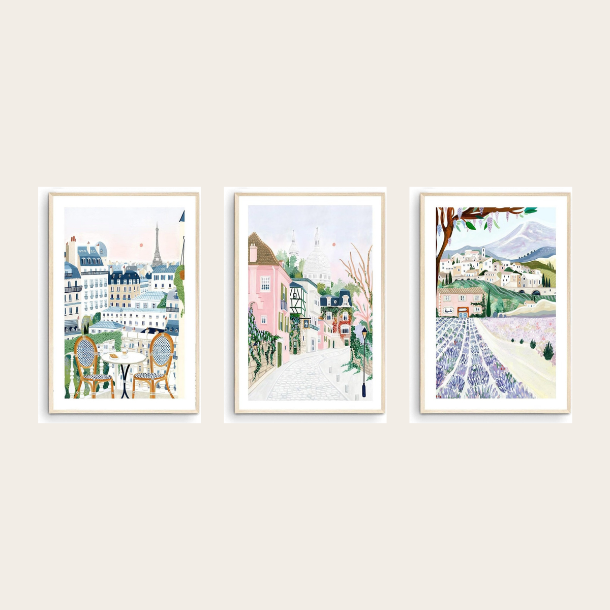 France gallery wall set of 3 - Paris, Montmartre and Provence travel prints framed on a warm wall