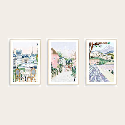 France gallery wall set of 3 - Paris, Montmartre and Provence travel prints framed on a warm wall