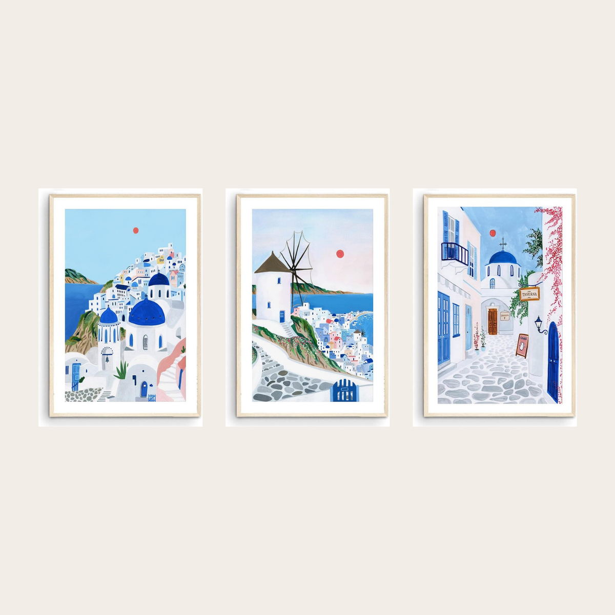 Greek Islands gallery wall set of 3 - Santorini, Mykonos and Paros travel prints framed on a warm wall
