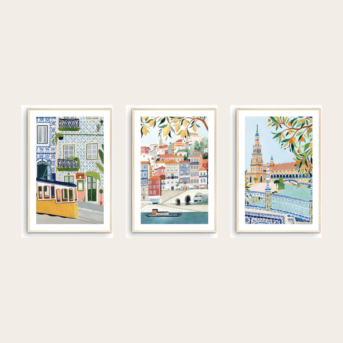Portugal and Spain gallery wall set of 3 - Lisbon, Porto and Seville travel prints framed on a warm wall