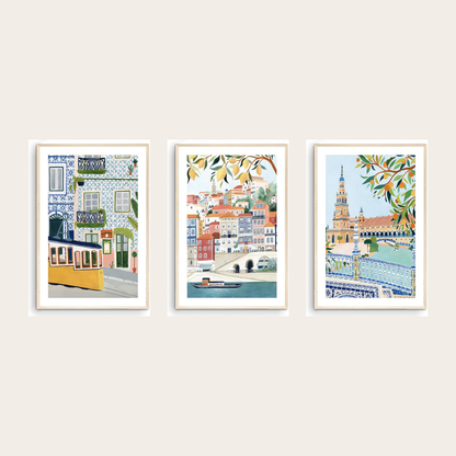 Portugal and Spain gallery wall set of 3 - Lisbon, Porto and Seville travel prints framed on a warm wall