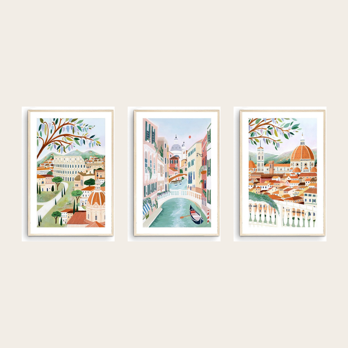 Italy Icons gallery wall set of 3 - Rome, Venice and Florence travel prints framed on a warm wall