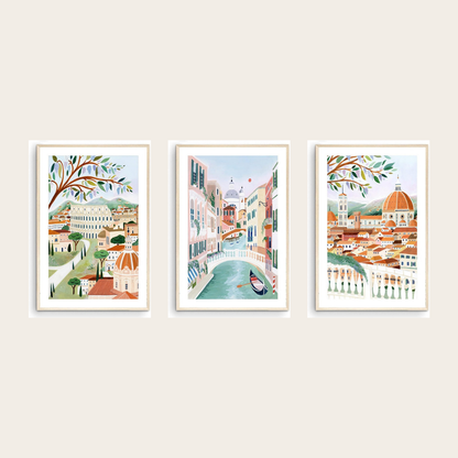 Italy Icons gallery wall set of 3 - Rome, Venice and Florence travel prints framed on a warm wall