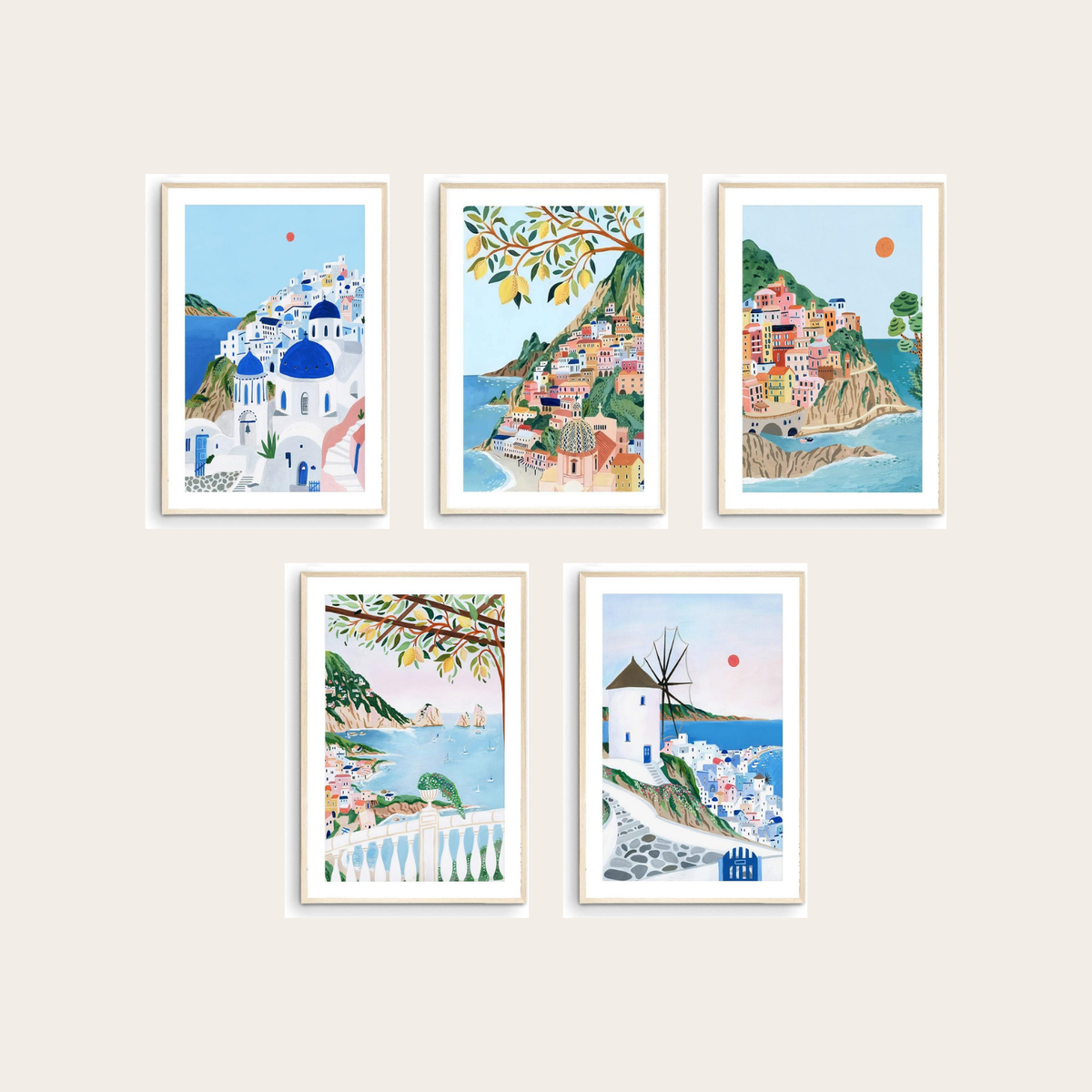 Mediterranean Coastal gallery wall set of 5 - Santorini, Positano, Cinque Terre, Capri and Mykonos travel prints framed on a warm wall