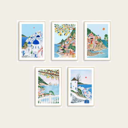Mediterranean Coastal gallery wall set of 5 - Santorini, Positano, Cinque Terre, Capri and Mykonos travel prints framed on a warm wall